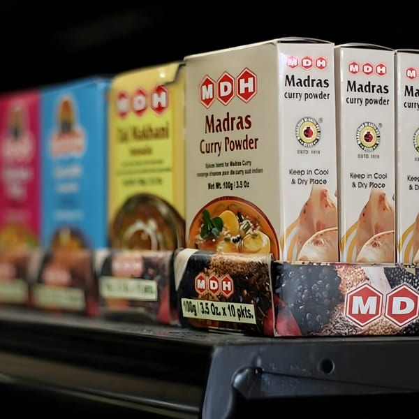 Rows of colorful MDH brand Indian curry powder boxes on a dark shelf.