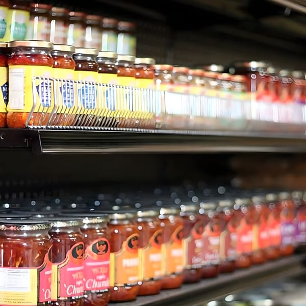Rows of Swagat Fine Indian Cuisine chutneys and sauces in glass jars on a store shelf.