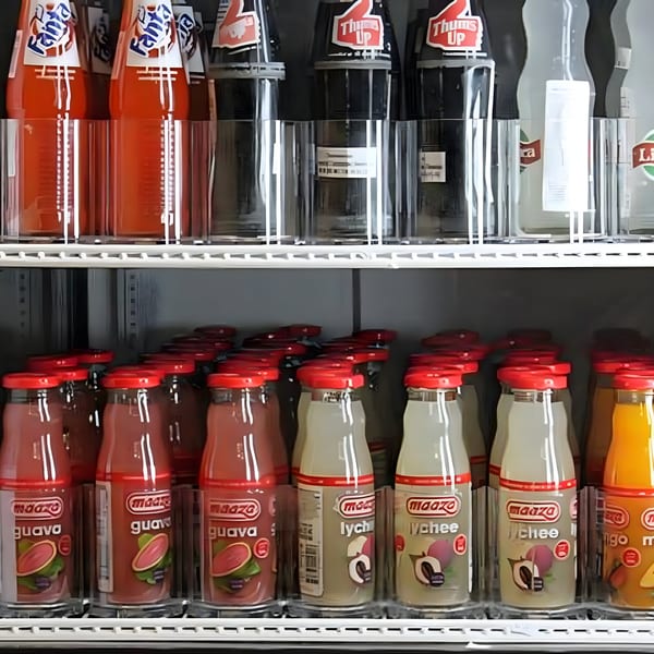 A refrigerator filled with various Indian beverages, including Fanta, Thums Up, Maaza guava, lychee, and mango drinks.