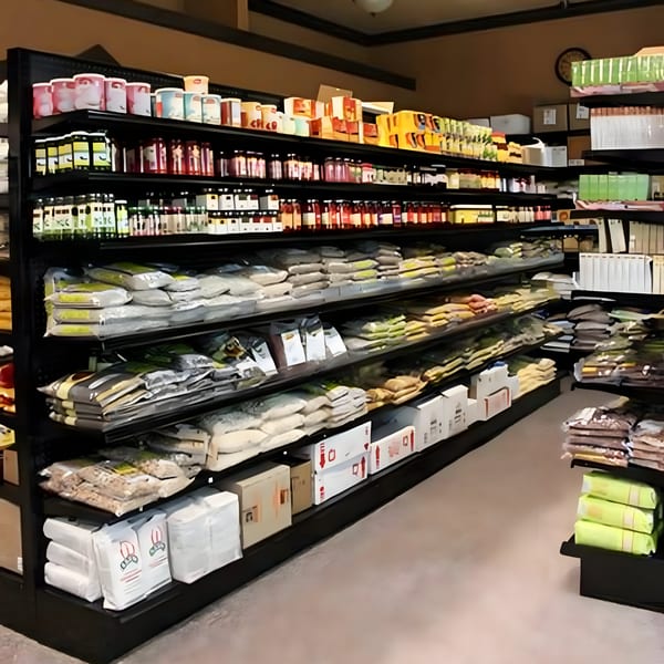 Shelves filled with various Indian spices, sauces, and packaged goods at Swagat Fine Indian Cuisine.