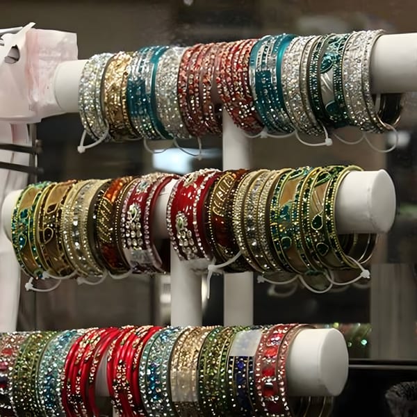Rows of colorful, ornate Indian bangles displayed on white stands, reflecting light.